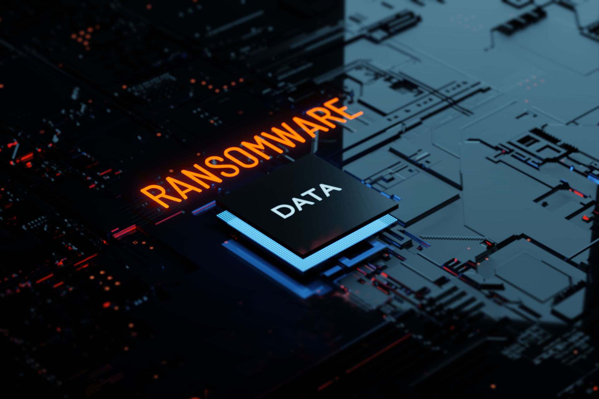 3D rendering Glowing text Ransomware attack on Computer Chipset.